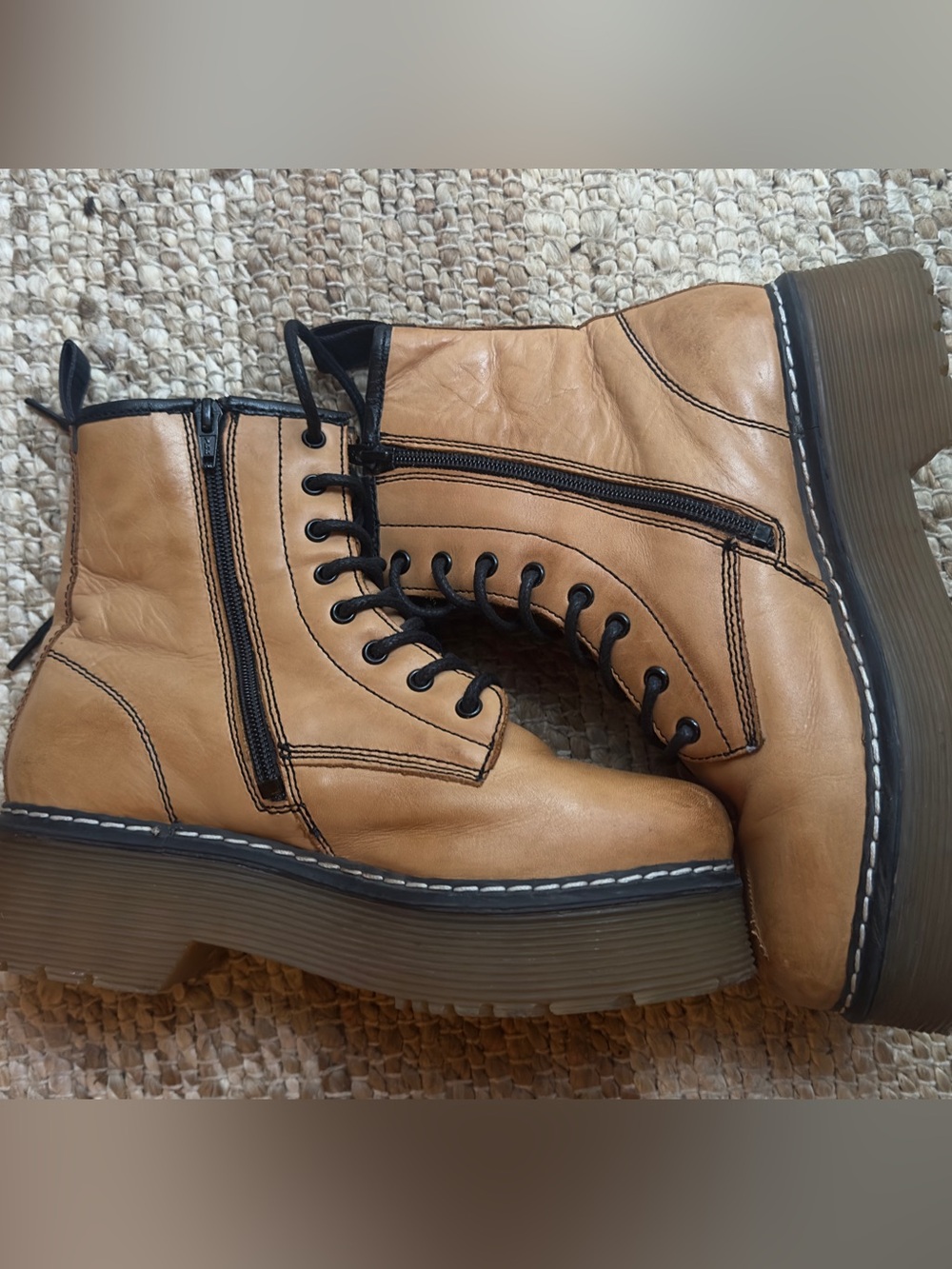 Roolee Tan Leather Lace-Up Platform Ankle Boots with Black Trim